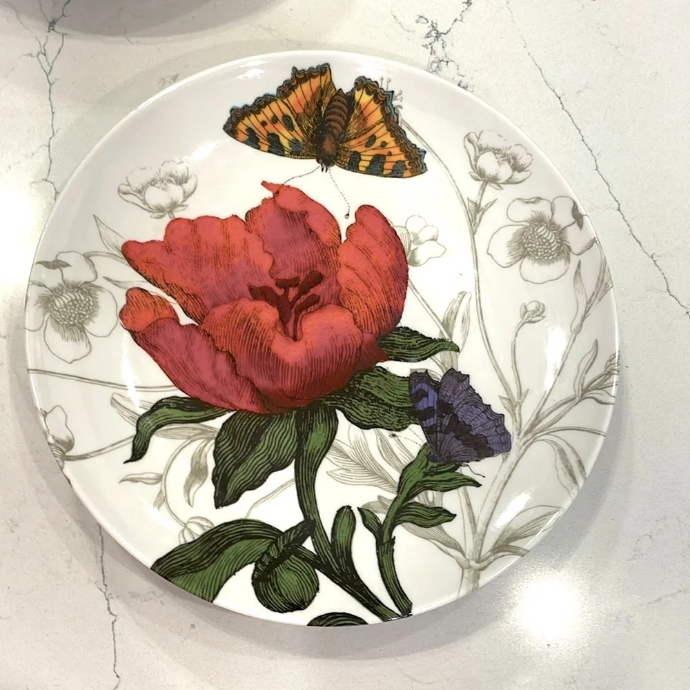 Pier 1 Imports SET of 8 Floral Melamine Salad Plates Butterfly Cottage Garden